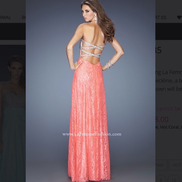NEW La Femme [ 6 ] Embellished Jeweled Strapless‎ Lace Gown in Hot Coral - Picture 9 of 9